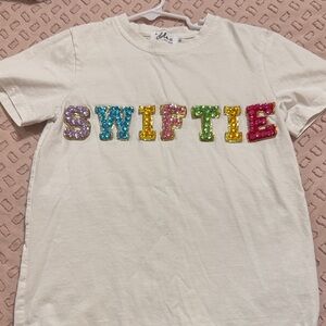 Lola + The Boys swiftie White Tee with Colorful Sequin Letters